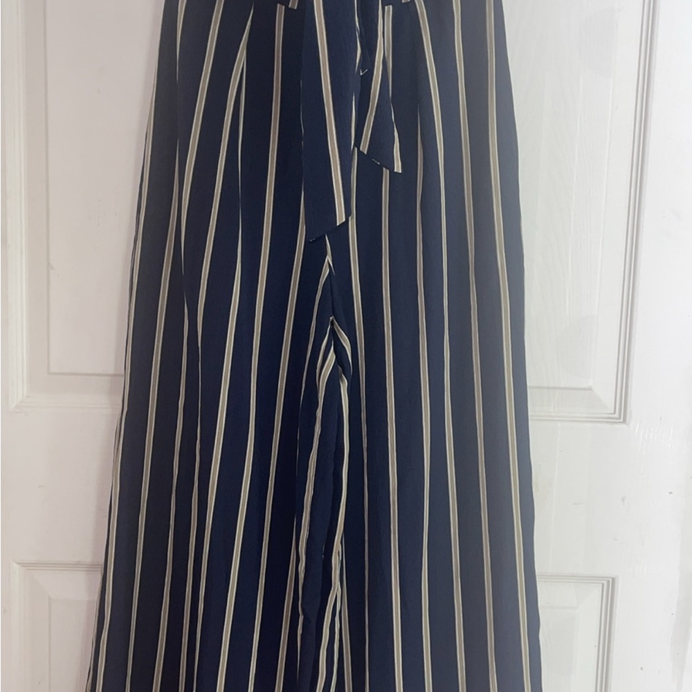 Navy and beige Striped Wide-Leg Pants